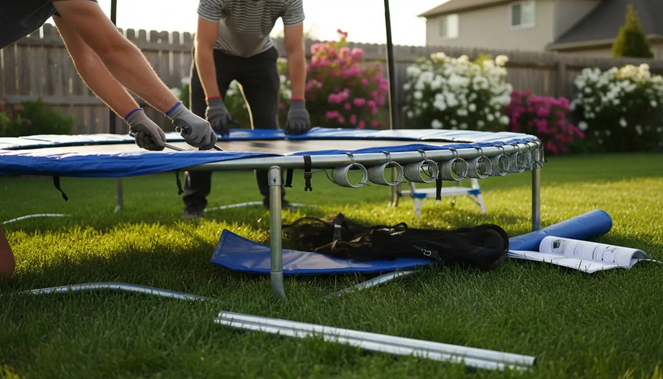 To personer monterer en rund trampolin over jorden i en have med fokus på hænderne, fjedre og sikkerhedsnet.