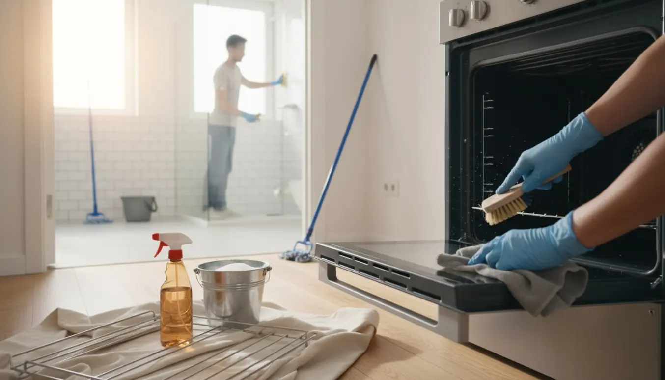 Åben ovn og et badeværelse i baggrunden, begge under grundig rengøring efter fraflytning.