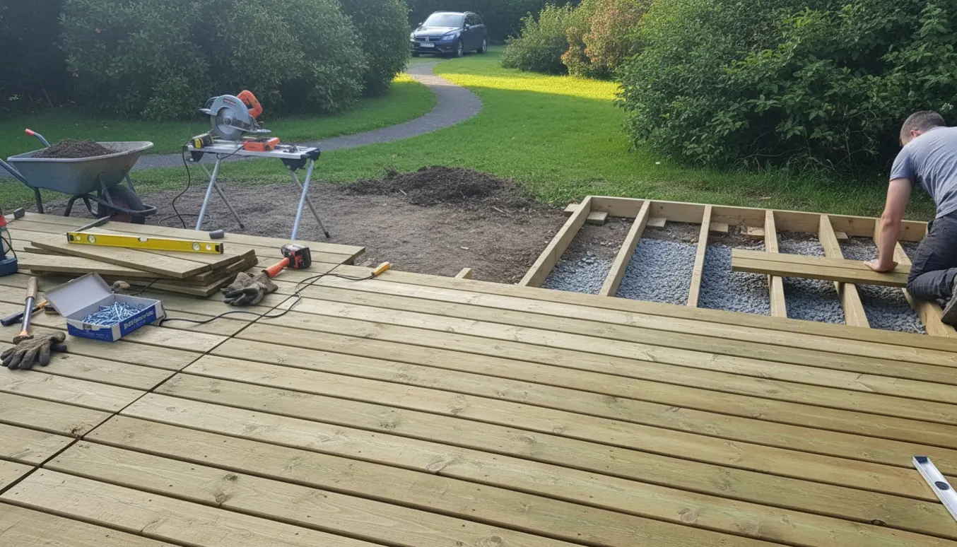 Udvidelse af træterrasse med nye trykimprægnerede brædder, forberedt jord og værktøj i haven.