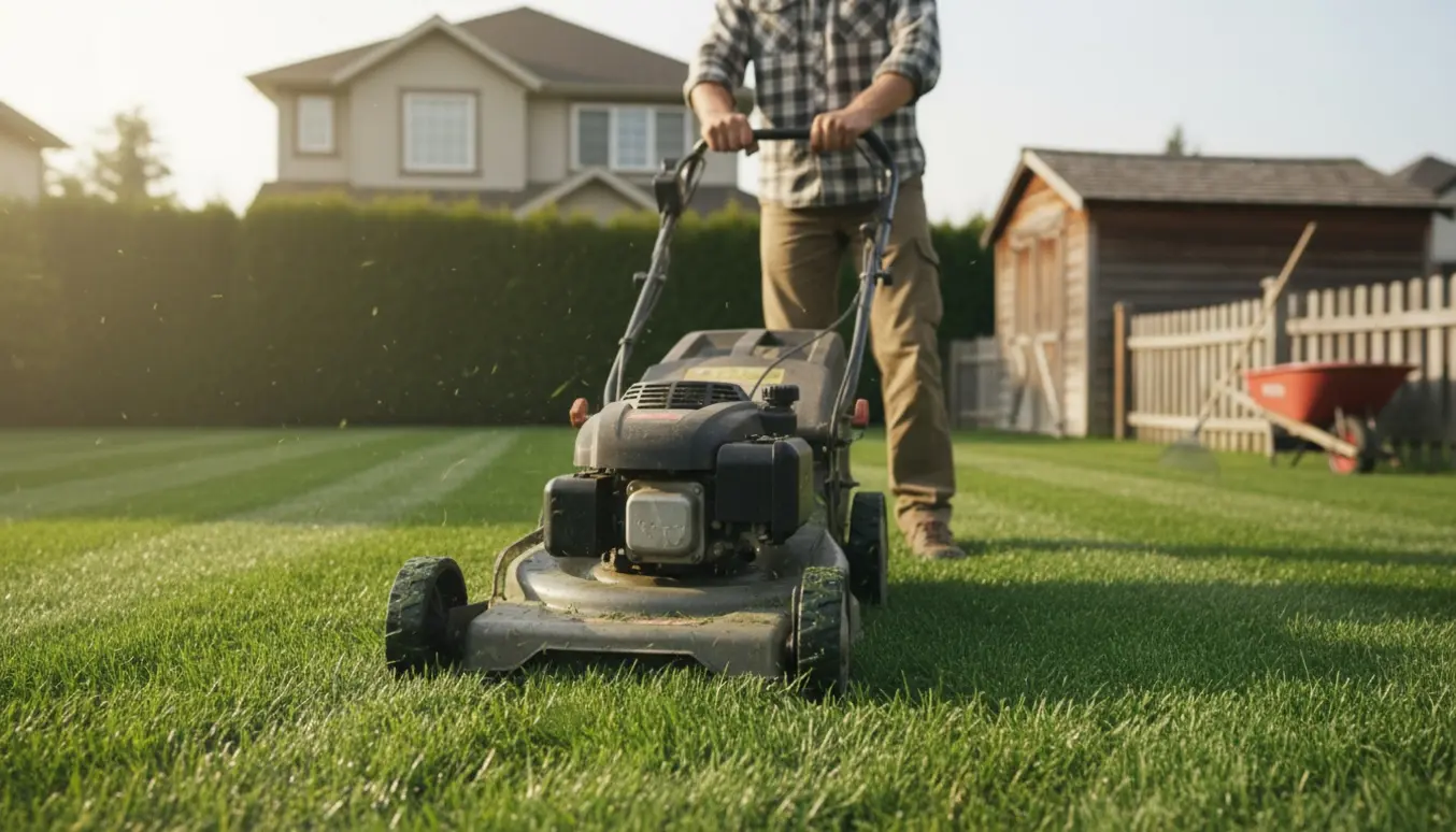 En person klipper en mellemstor, solbeskinnet græsplæne med en plæneklipper, kun kroppen er delvist synlig.
