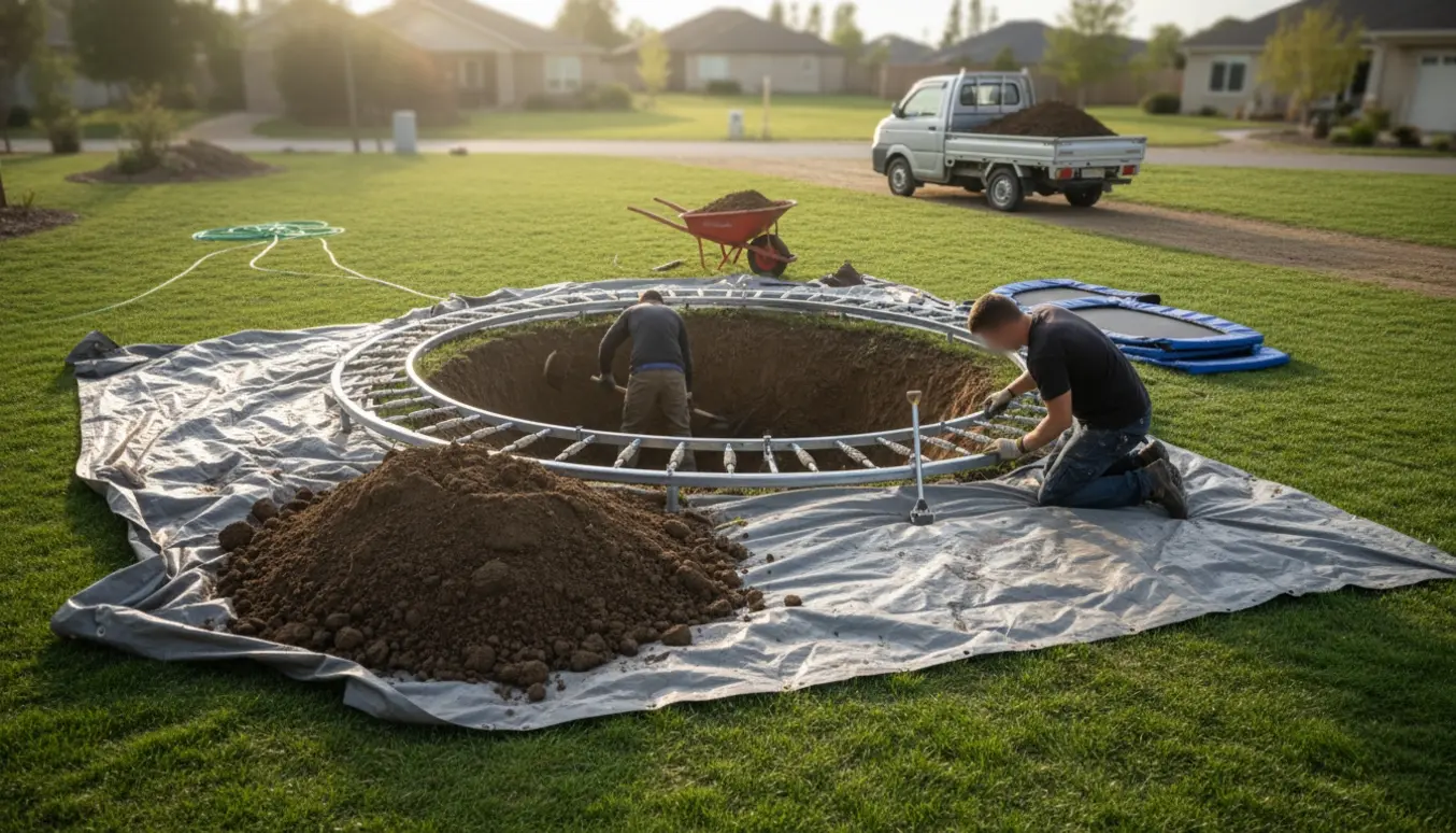Grøn baghave med trampolinramme delvist sænket i en nygravet cirkulær fordybning, jord i skovl og trillebør klar til bortkørsel.