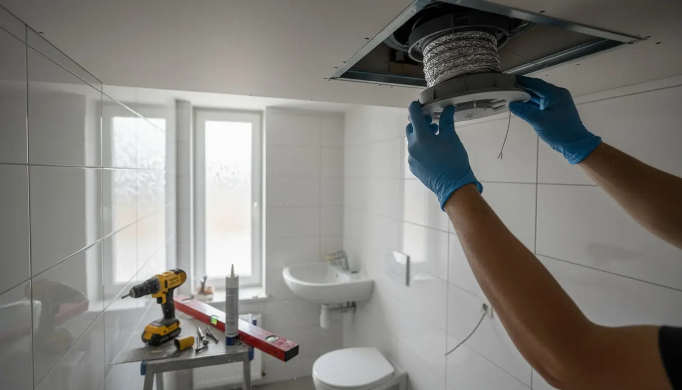 Nedsænket loft monteres med udskæring til ventilator i et lille, kompakt badeværelse.