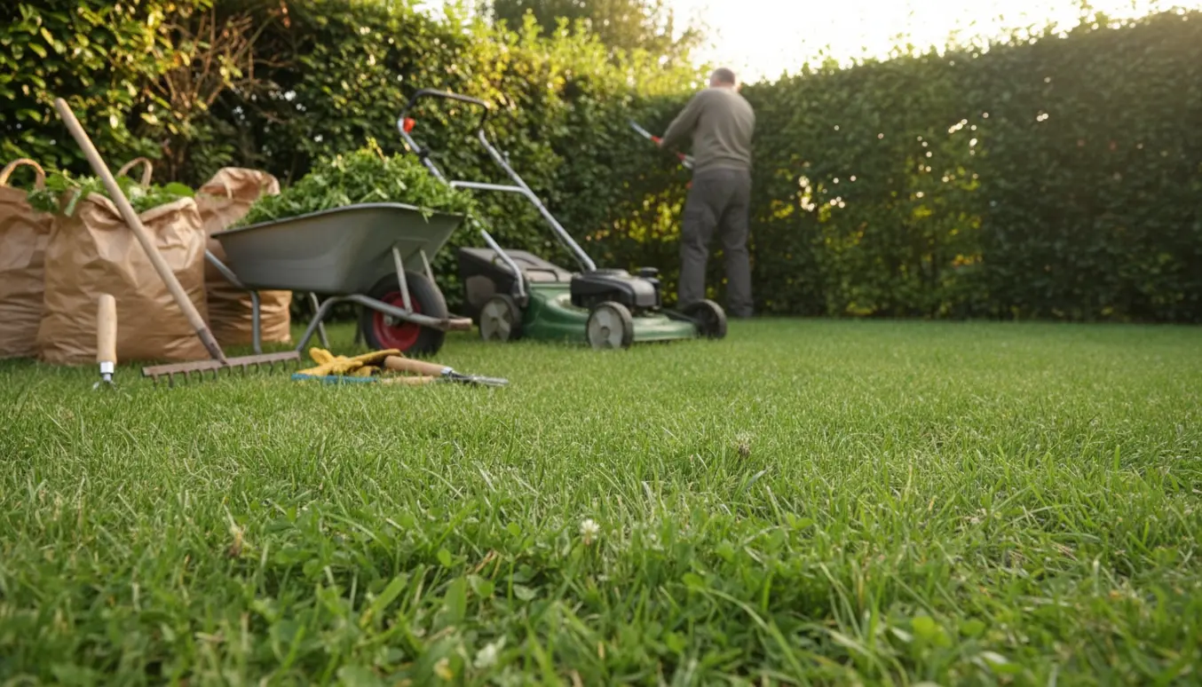 Naturhave med trimmet ligusterhæk, plæneklipper, trillebør med haveaffald og haveredskaber uden synligt ansigt.