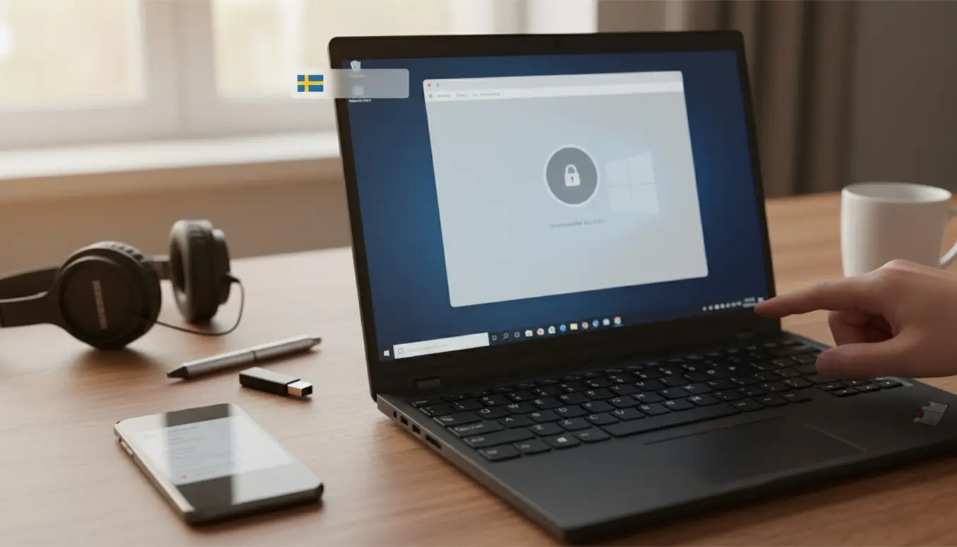 Lenovo ThinkPad på skrivebord med Windows 11 og åben mail-app, et gråt låst e‑mailkontoikon og intet synligt mail-ikon.