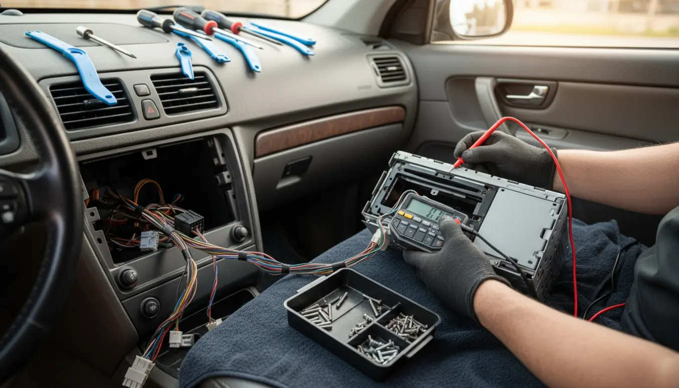 Hænder inspicerer en løs radio/cd/navigation fra en Volvo XC90 2003 på passagersædet med værktøj og blottede ledninger.
