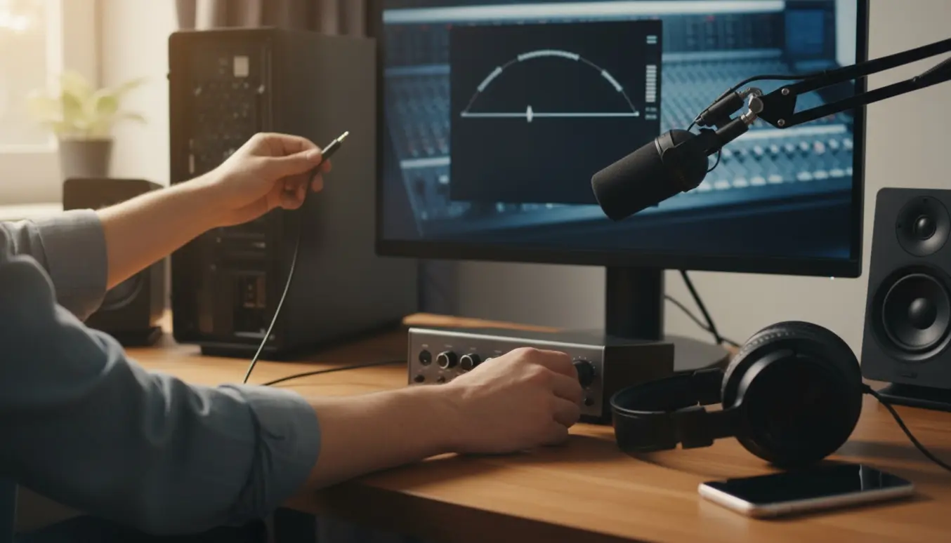 Hænder trækker lydkabel ud af en stationær PC foran en skærm med en flad lydmåler.