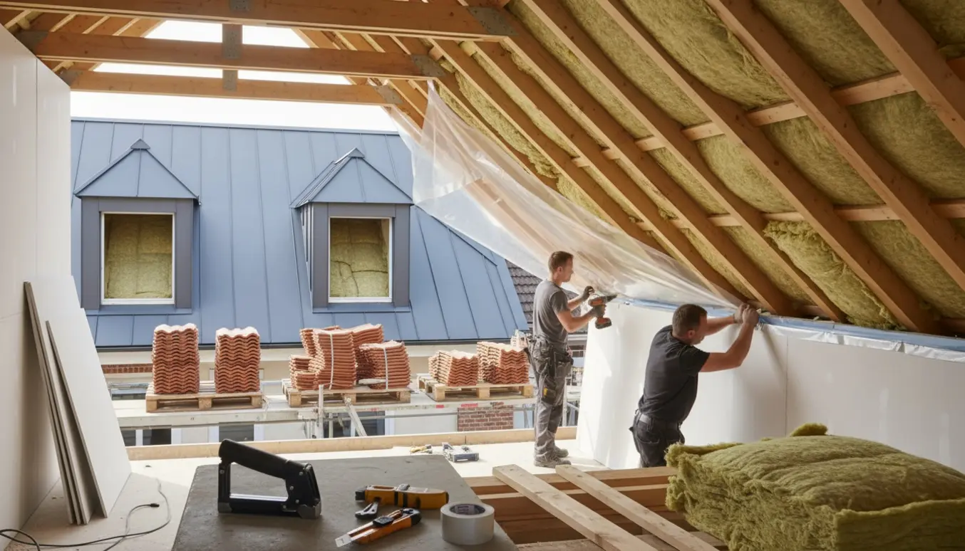 Åbent loft under renovering med isolering, dampspærre, gipsplader og nye tagmaterialer, inklusive inddækkede kviste i stål.