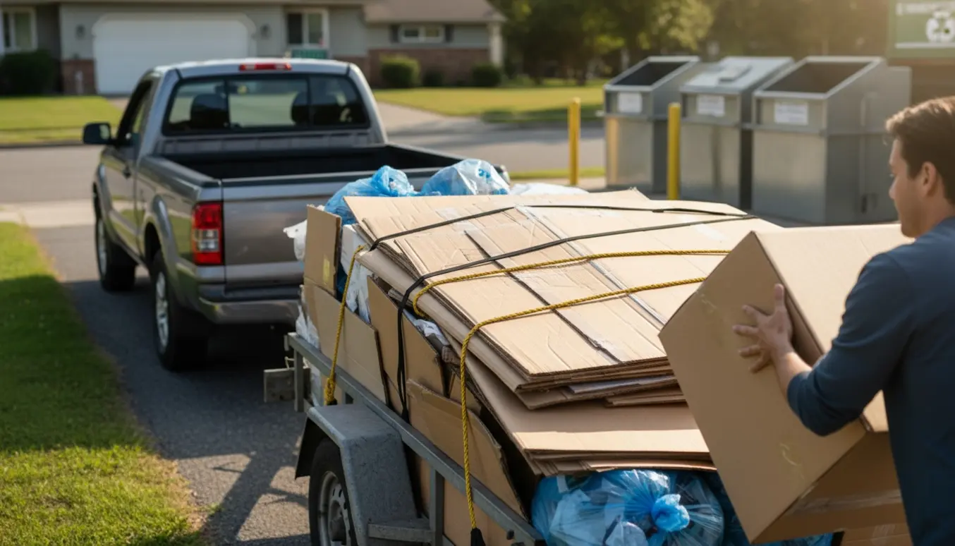 Trailer fyldt med pap og lidt plast ved en genbrugsplads, person læsser bagfra.