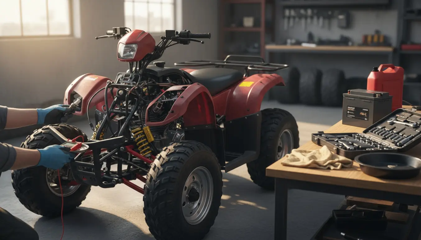 ATV 150 cc med åben motor i et værksted, hvor hænder arbejder med tændrør, nyt batteri og multimeter.