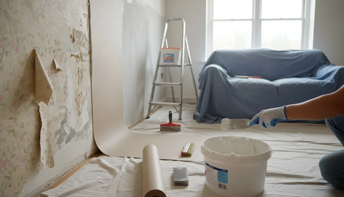 Stue under renovering med tapet delvist fjernet, spartelarbejde og opsætning af filt.