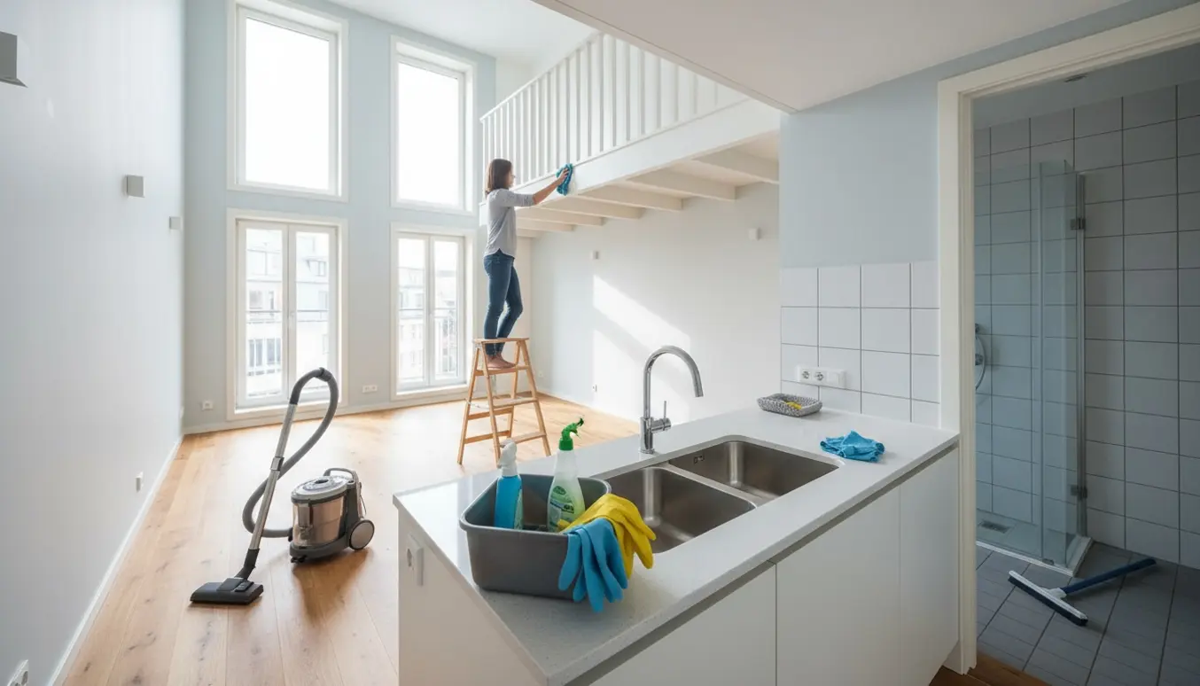 Personer gør rent i en lys 60 m² ét-værelses lejlighed med hems, køkken og badeværelse.