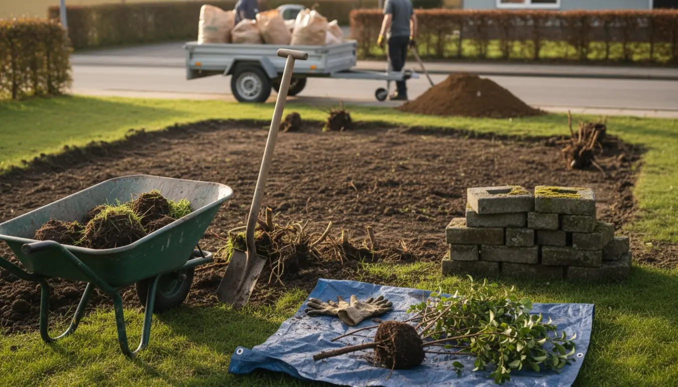 Højbed på ca. 7 m² under fjernelse med trillebør, skovl og stabler af kantsten.
