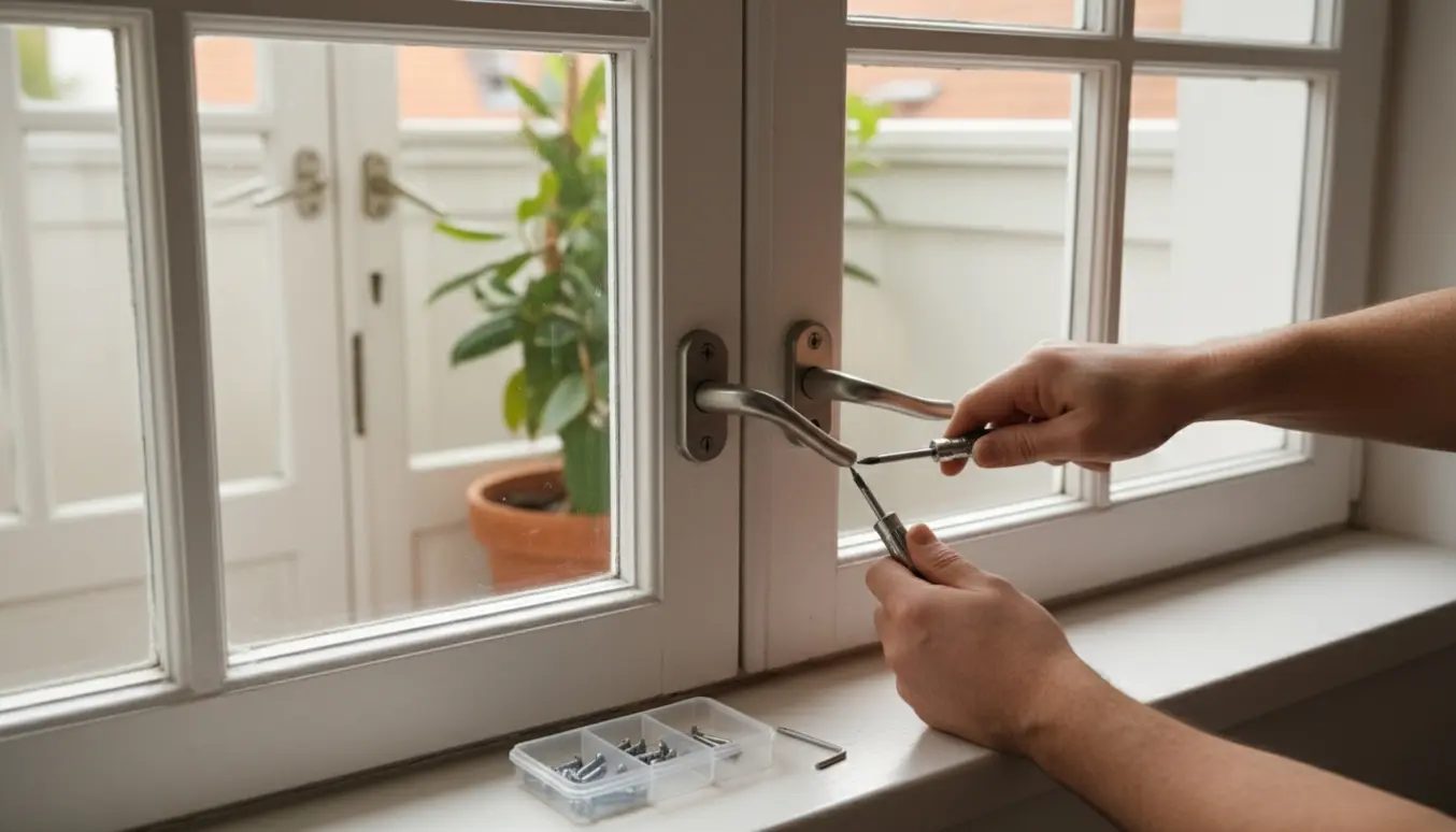 Hænder strammer et løst altandørhåndtag med en skruetrækker, mens franske døre med løse håndtag ses sløret i baggrunden.