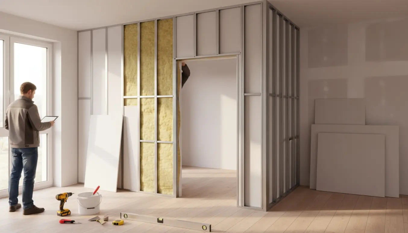 Gipsvæg under opbygning med isolering og delvist monteret skydedørsramme i en stue, håndværkere ses uden tydelige ansigter.