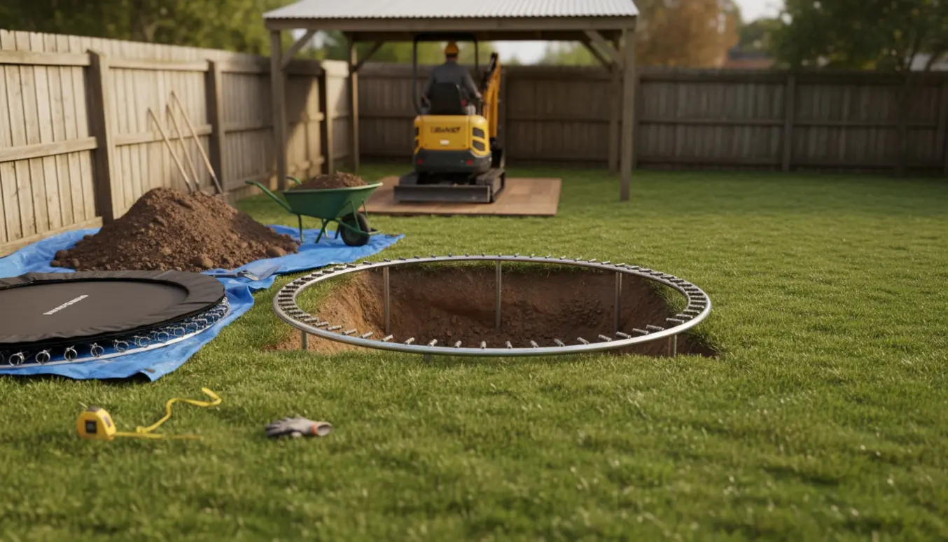 En baghave med et hul til nedgravet trampolin, minigravemaskine under carporten og jordbunker på en presenning.