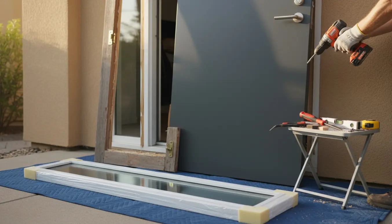 Udsnit af udskiftning af hoveddør med værktøj, ny dør og fjernet aflangt glas ved husets indgang.