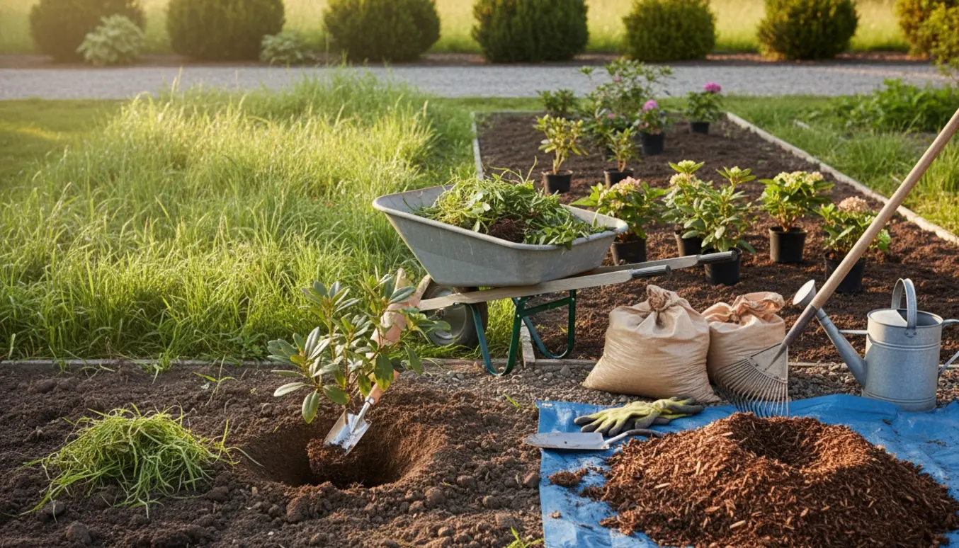 Hænder planter rhododendron, pieris og hortensia i nyrensede bede med trillebør og ukrudtssække.