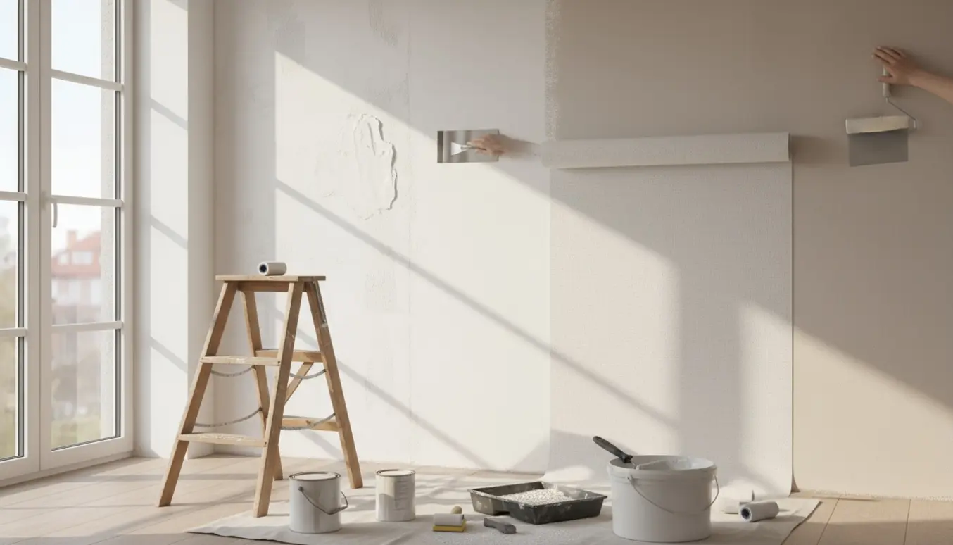 Lyst lejlighedsværelse under renovering med spartel, filt, slibeværktøj og maling klar.