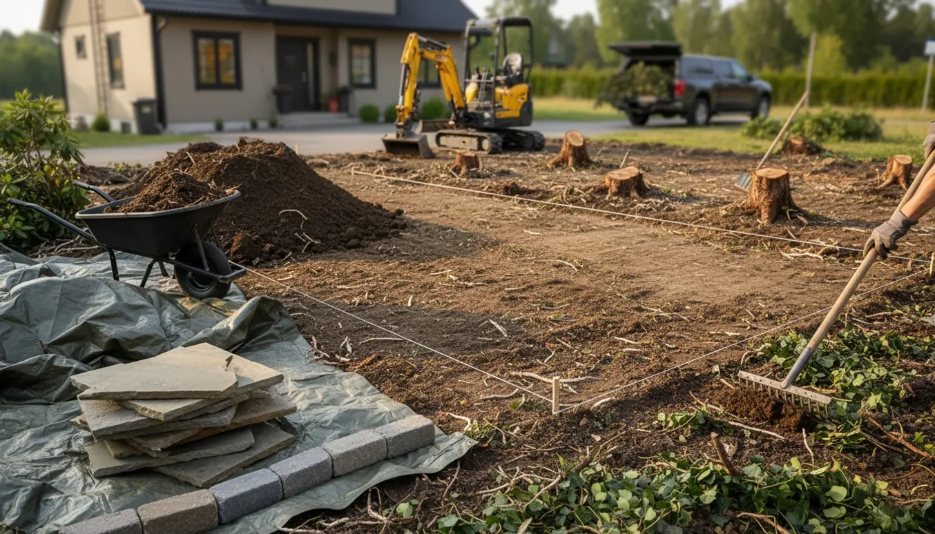 Fronthave med afskrabt topjord, bunker af jord og stensætning samt redskaber klar til bortkørsel.
