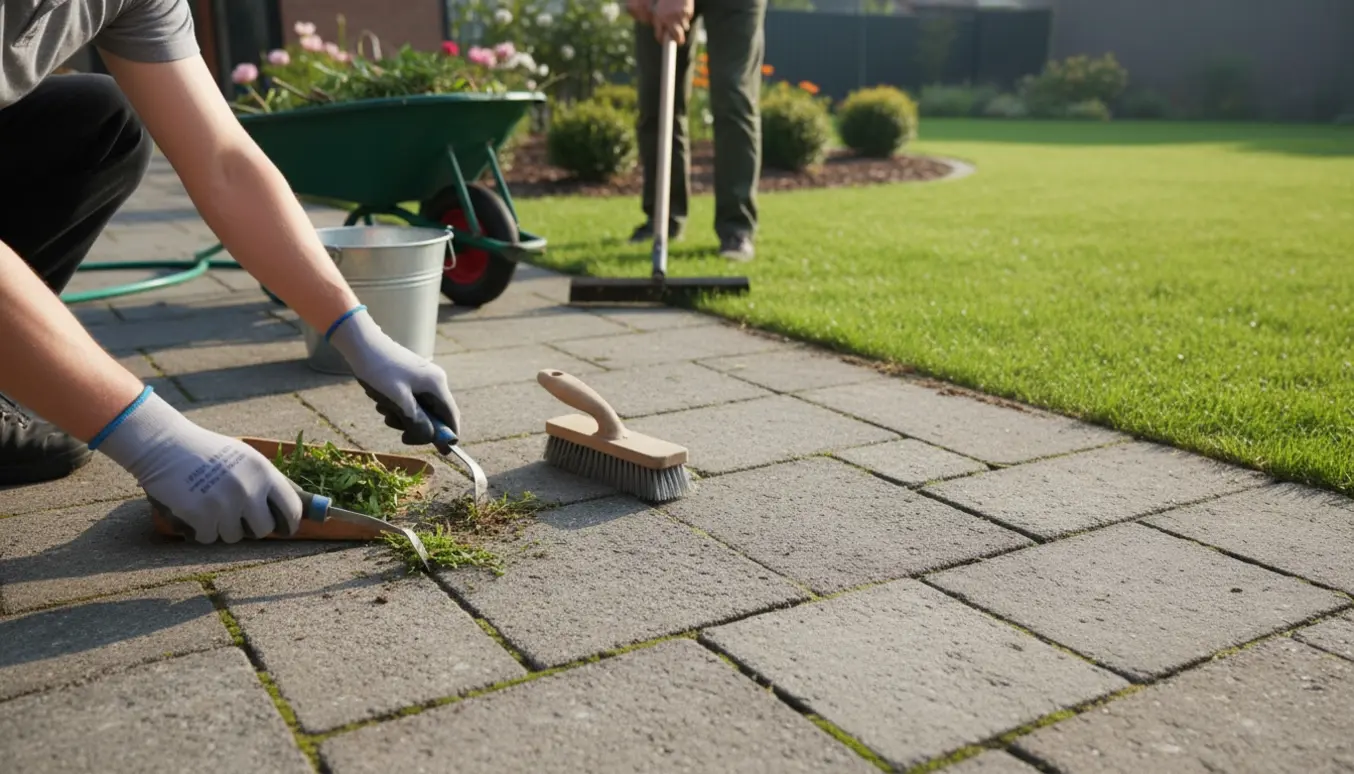 Havearbejde med fjernelse af ukrudt mellem fliser og skæring af græskanter med haveredskaber.