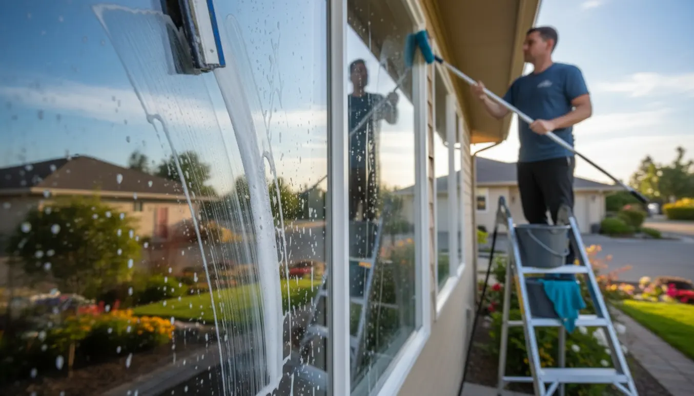 Vinduespudser renser ruderne på et etplans hus med stige, skraber og spand.