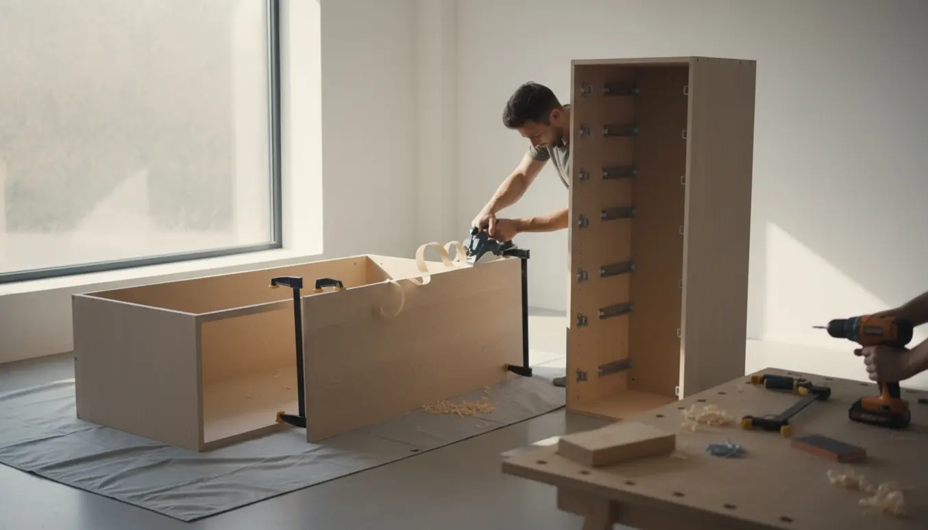To fladpakkede skabe under montering i en lys stue, hvor en hånd trimmer et endestykke med en elhøvl.