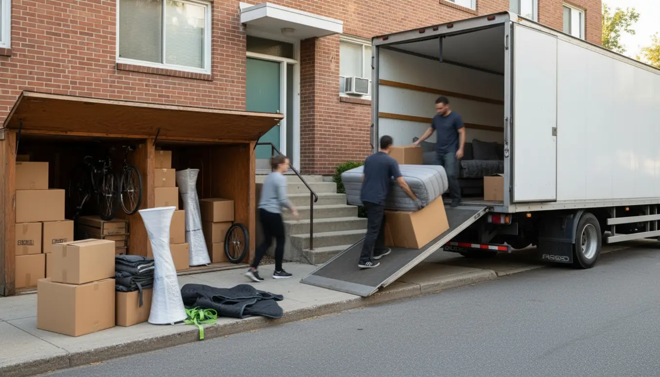 Flyttebil foran en beboelsesejendom, flyttekasser og møbler bæres op ad fem trappetrin og ind i lastbilen.
