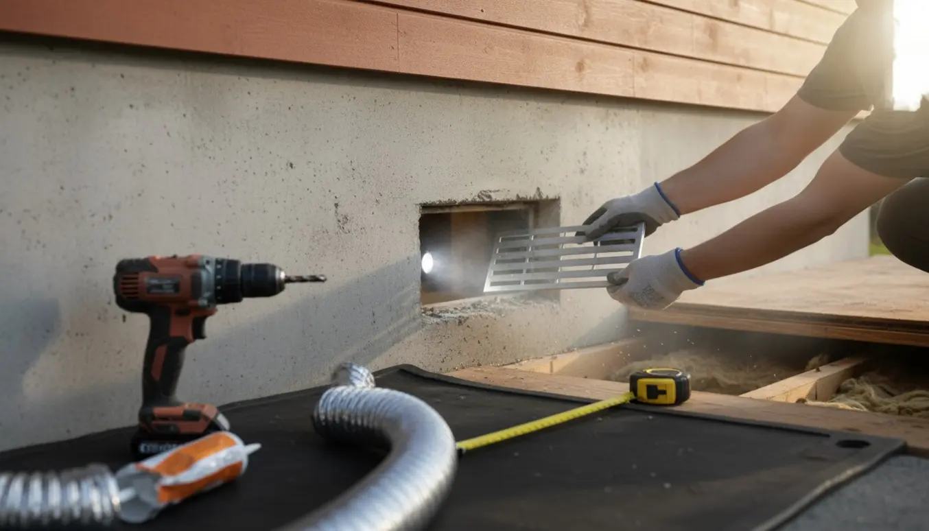 Hænder installerer en ventilationsrist i husets sokkel for at udlufte en krybekælder.
