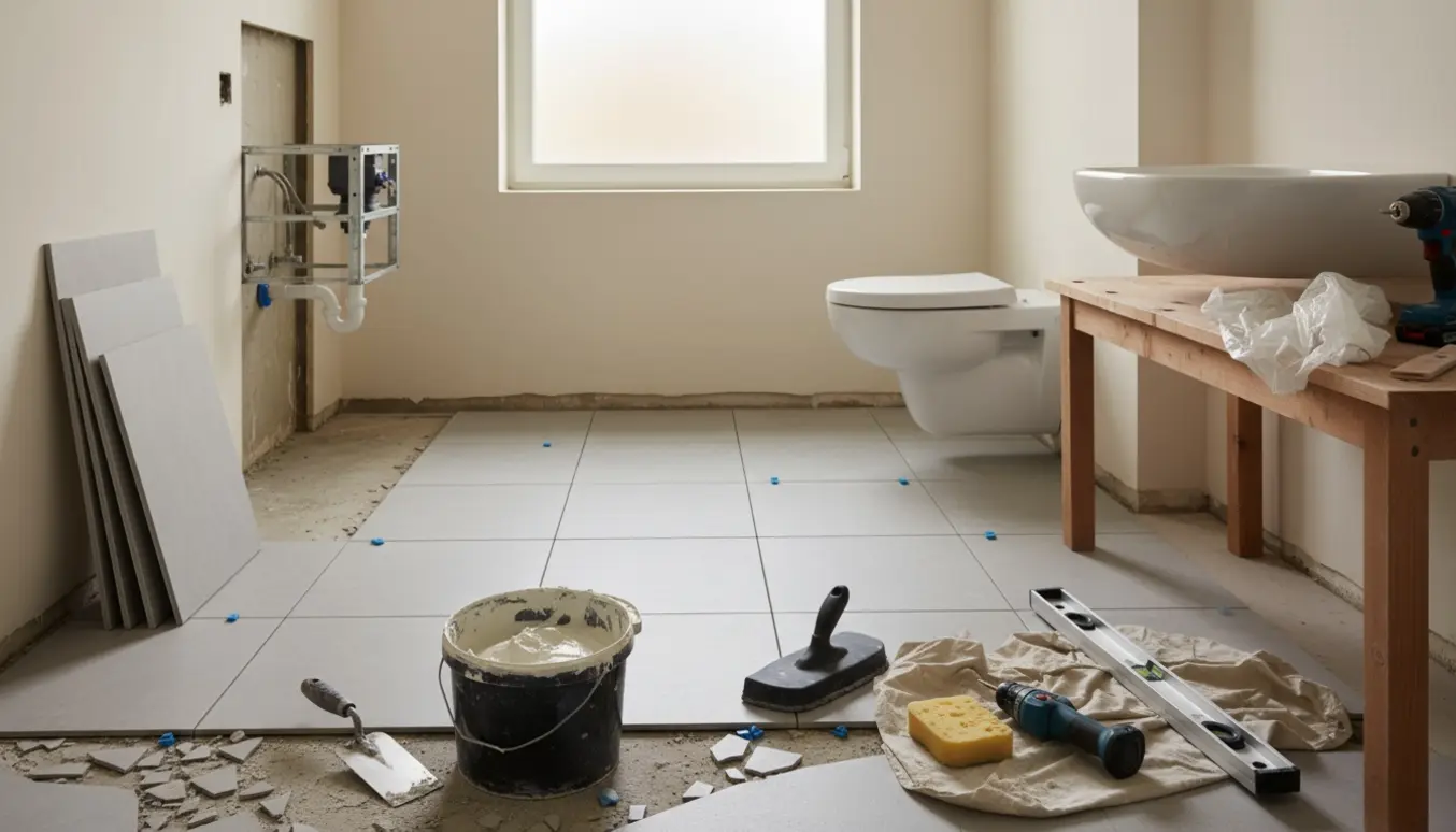 Lille toiletrum under renovering med nye fliser, væghængt toiletramme og ny håndvask klar til montering.