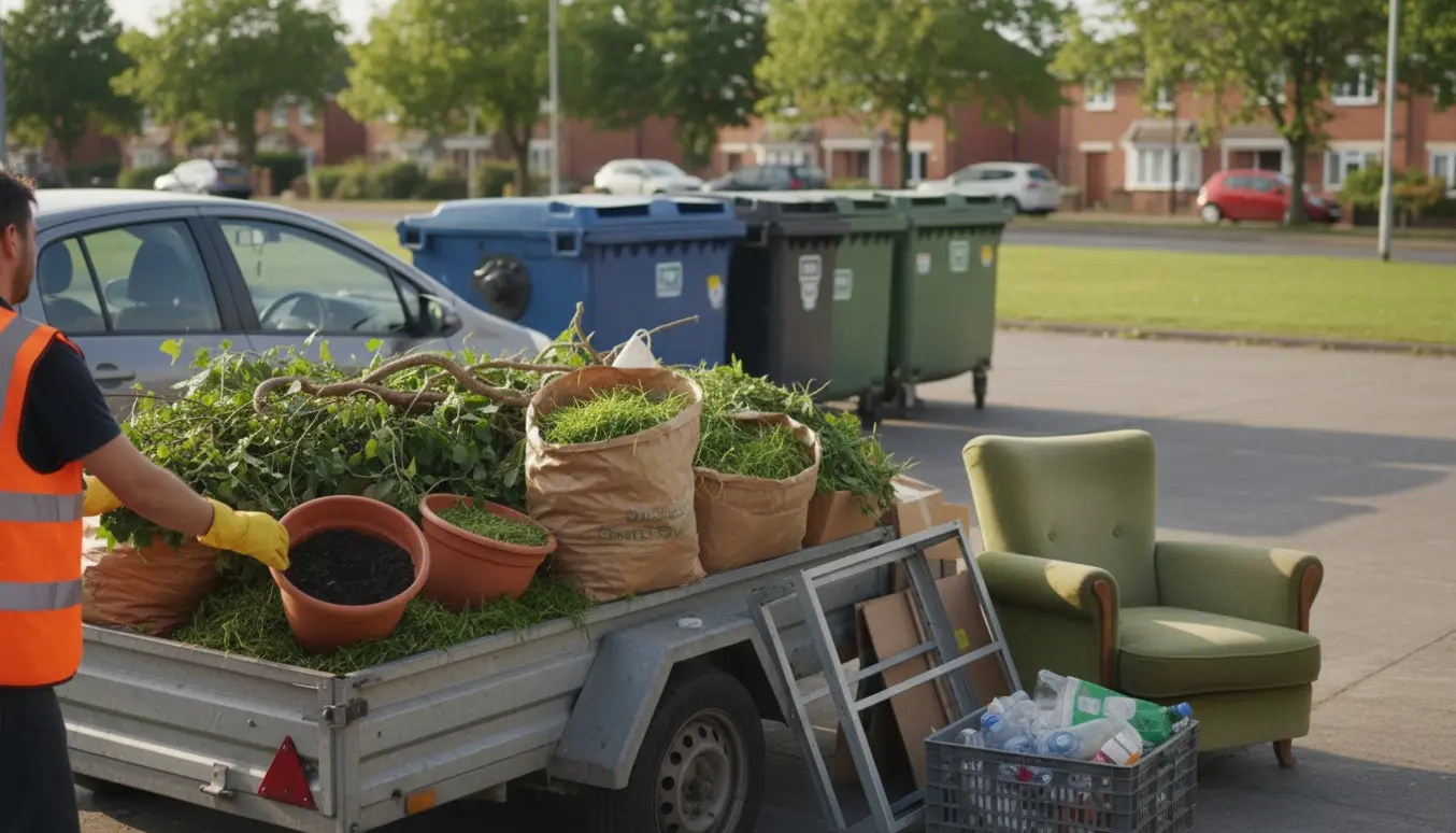 En bil med trailer læsset med haveaffald og blandet affald ved en ryddelig genbrugsplads.
