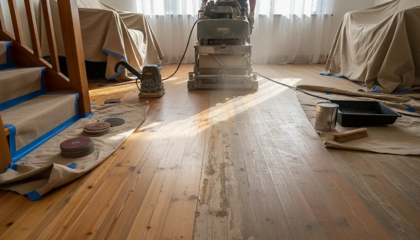 Delvist slebet fyrretrægulv med slibemaskine, savsmuld og trappe klar til lakering.