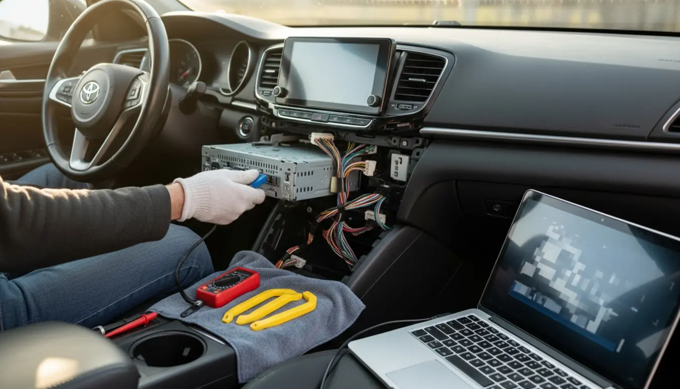 Tekniker servicerer en bils touchskærm med afmonteret instrumentbræt og tilsluttet USB-kabel til opdatering.