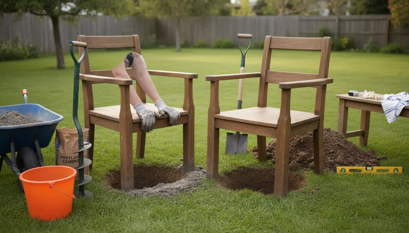 To træstole graves ned som tørrestativ i haven, det ene ben støbt med våd beton mens værktøj ligger ved siden af.