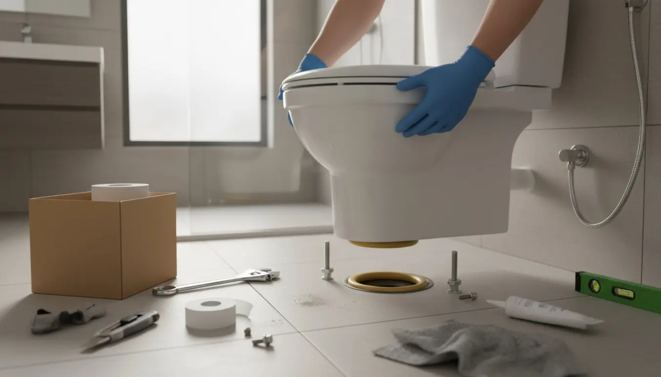 Nyt gulvtoilet bliver monteret i et lyst badeværelse, hvor hænder placerer skålen på afløbsflangen med værktøj og materialer omkring.