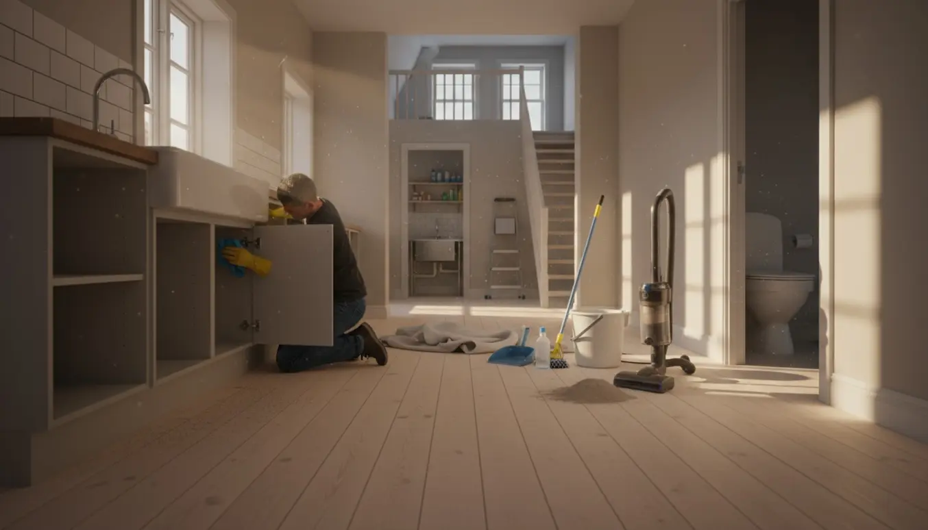 Hovedrengøring i et nymalet hus med slebne gulve, rengøringsudstyr i gangen og en person uden synligt ansigt, der tørrer skabe af.