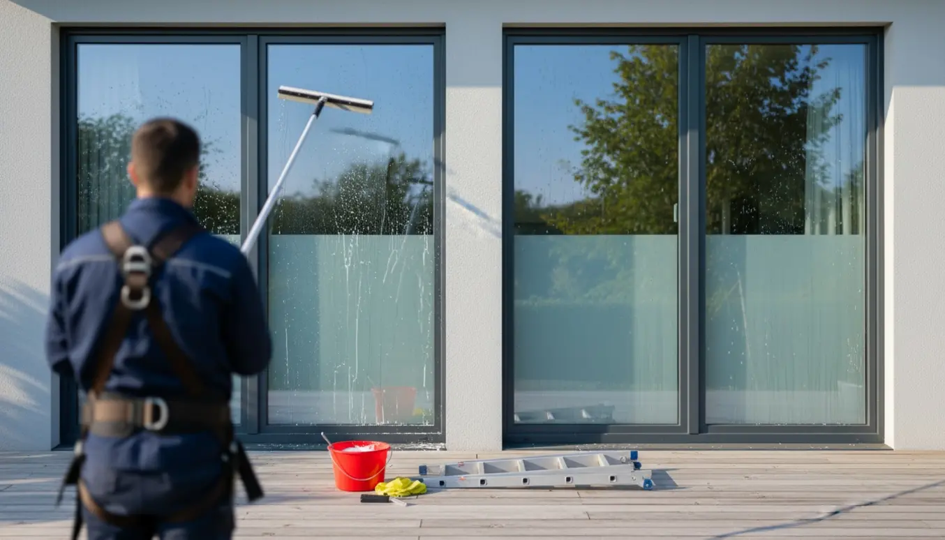 Professionel vinduespolerer rengør fire store vinduer med svaber og spand på en moderne facade.