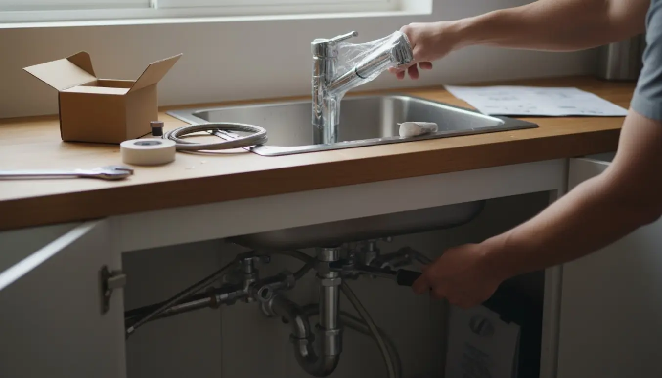 Hænder installerer et nyt køkkenarmatur ved vasken med åbent underskab og værktøj.