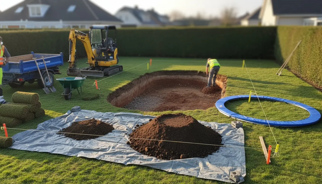 Ovalt udgravet hul til nedgravet trampolin i en baghave med gravemaskine og jordbunker.