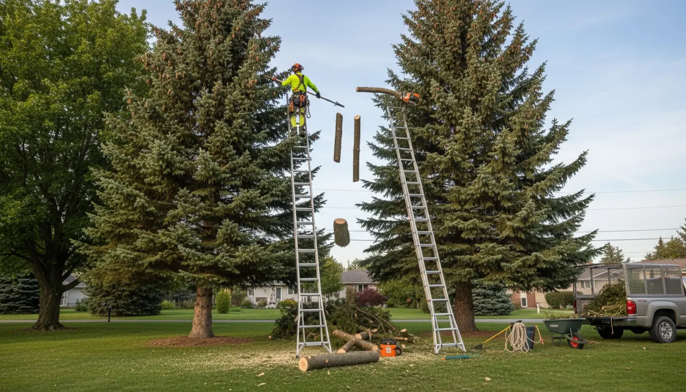 Arborist på en høj stige beskærer toppen af en 15–20 m gran, mens afklip lægges i trailer til bortkørsel.
