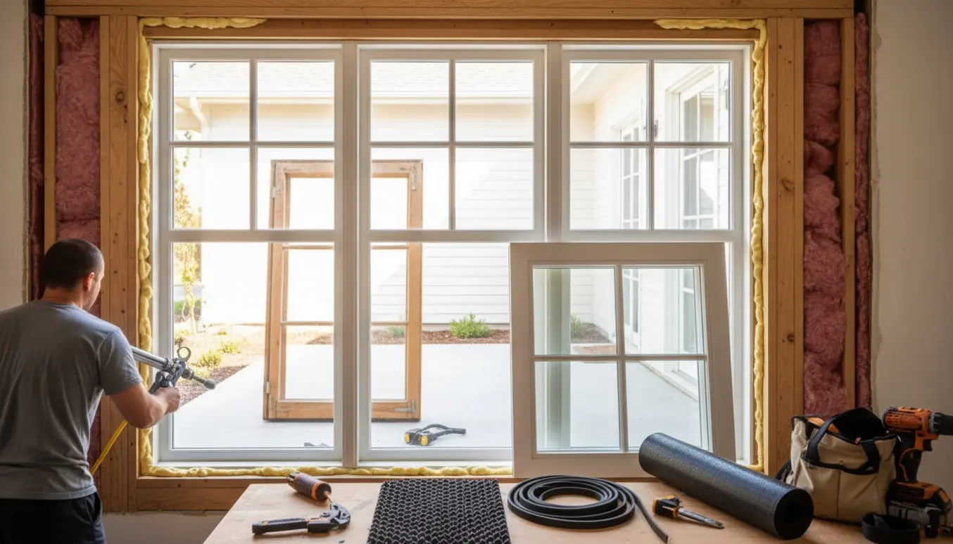 Indendørs scene med udskiftning af et bredt tre-fags vindue og montering af lydisolerende isolering.