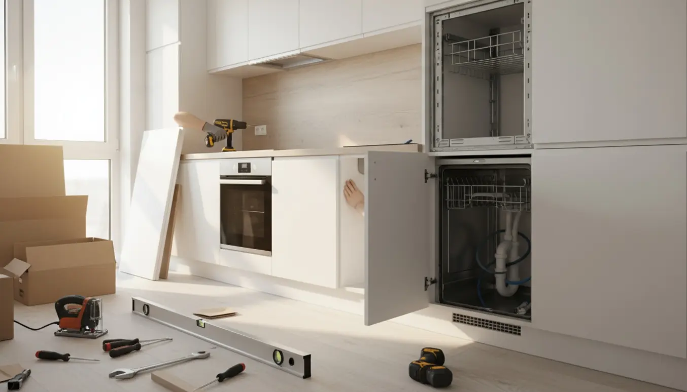 Montage af moderne hvidt køkken med åbne skabe, værktøj og installatørhænder uden synlige ansigter.