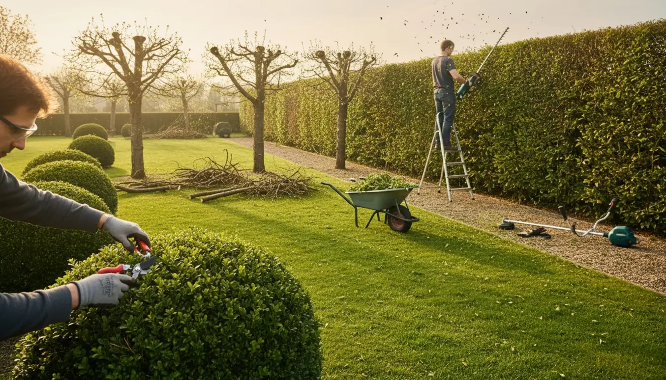 Person med ryggen til trimmer en lang hæk, beskærer tre kirsebærtræer og tre buske og klipper græskanter i en velplejet have.