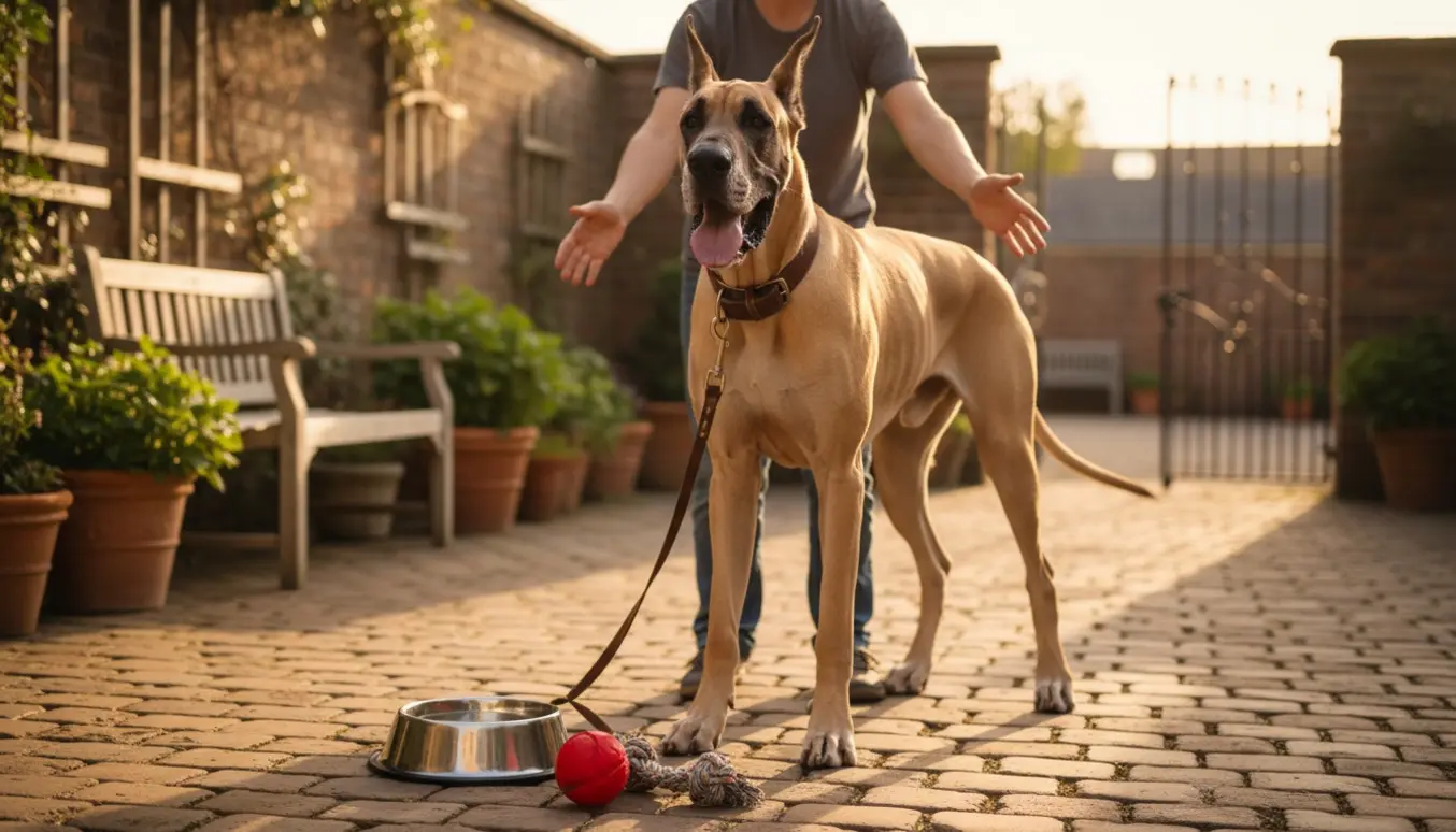 En legesyg Gran Danois i en soloplyst gårdsplads mens ejerens hænder rækker ud for at lege og snakke.