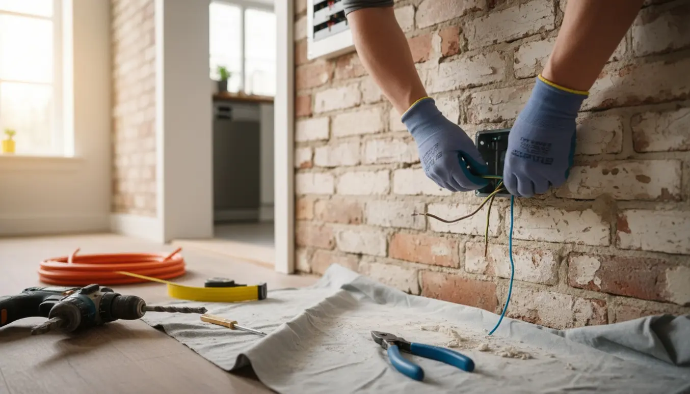 Nærbillede af hænder, der monterer en jordet stikkontakt i en murstensvæg med synlig jordledning.