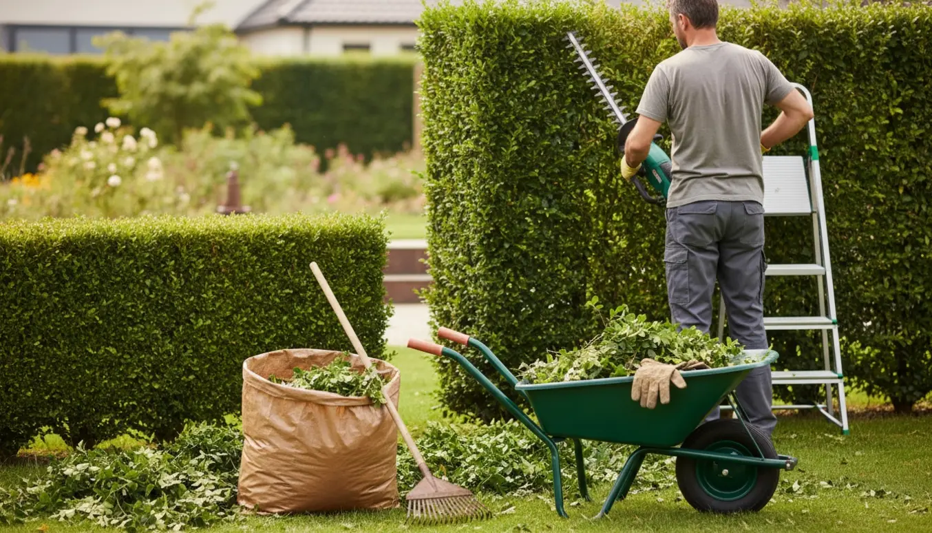 En person trimmer en ligusterhæk og samler afklippet materiale i trillebør og havepose på en solrig dag.