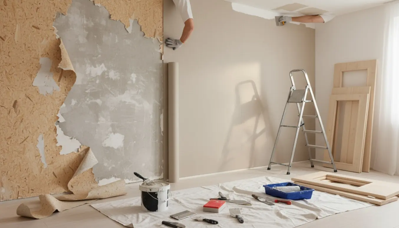 Værktøj og håndværkerhænder forbereder vægge og lofter: afskaller tapet, opsætter filt, spartler revner og gør klar til maling.