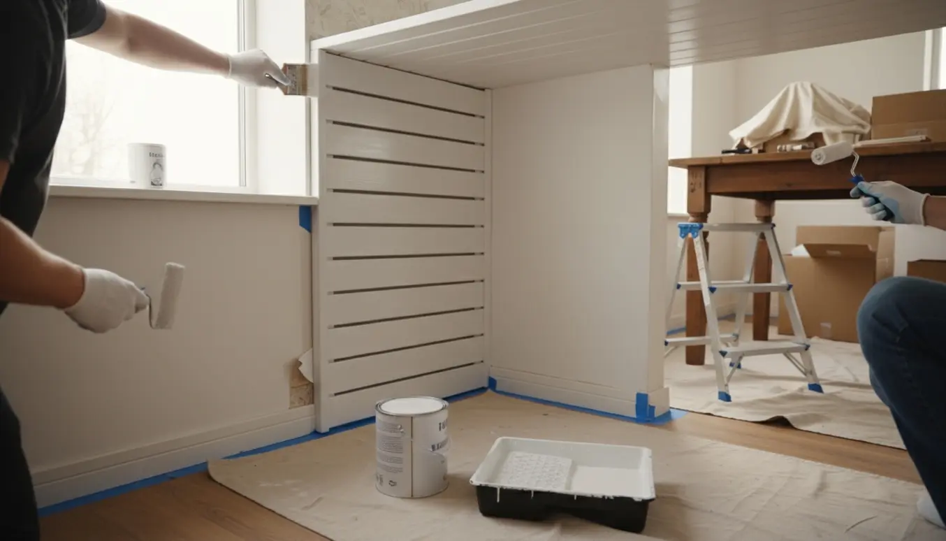 Nærbillede af maling af køkkenloft, hvide træspalter og væg med malerrulle, pensel og let afrevet tapet.