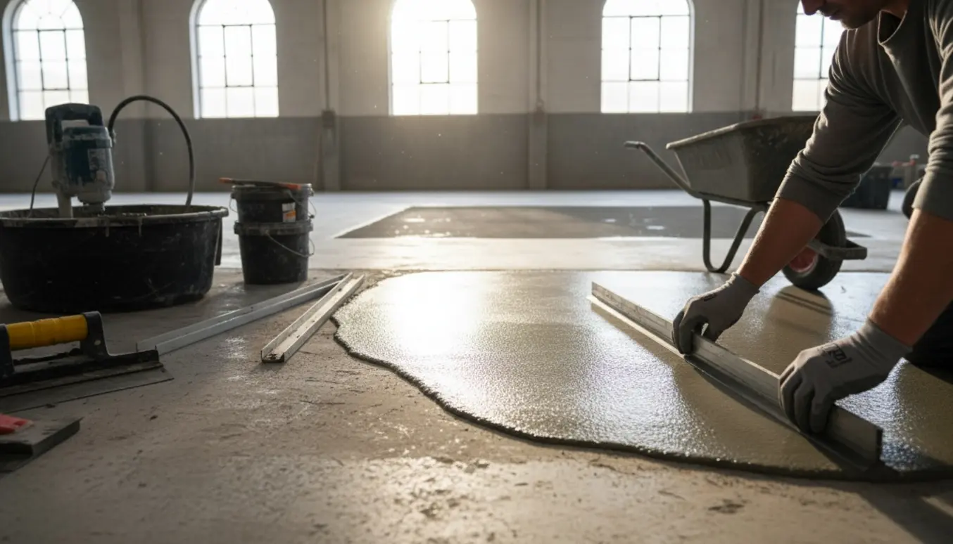 Hænder glatter et nyt tyndt betonlag på et ældre værkstedsgulv med værktøj og en færdig epoxyoverflade i baggrunden.