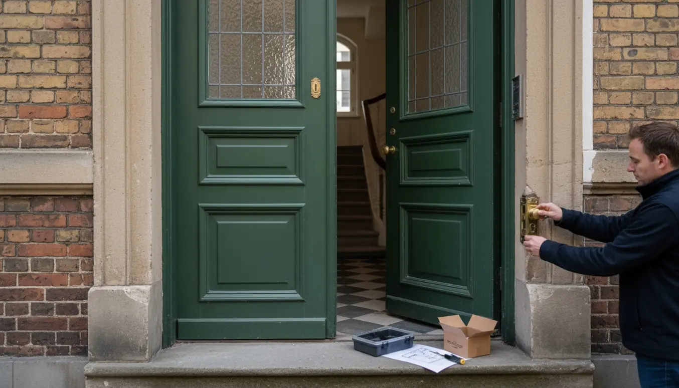 Dobbel hoveddør på en Frederiksberg-opgang, den ene dør på klem mens en hånd betjener en indvendig lås.