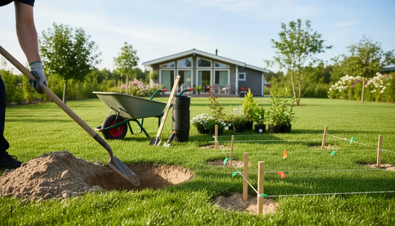Udsnit af en person, der graver et 60 cm bredt og ca. 50 cm dybt plantehul på en nyanlagt sommerhusgrund med markerede huller og 10 liters potter klar til plantning.